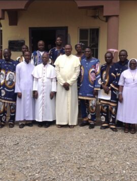 A group photograph of the Vincentian with His Lordship, Most Rev. Ayo Maria Atoyebi OP. after the commissioning of the centre. Other priests, Rev Fr Pius Obiekwelu, on the left and Rev Fr. ………on the right of the bishop and Rev Sister Titiloye at the extreme right of the Bishop.
